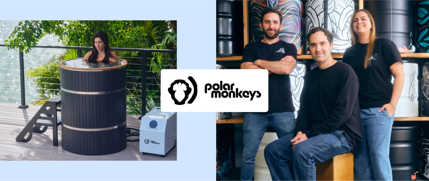 Two images separated by a Polar Monkeys logo. On the left, a woman with dark hair is sitting in a black cold plunge. On the right, three Polar Monkeys employees, are posing in front of a warehouse wall with colorful cold plunges.